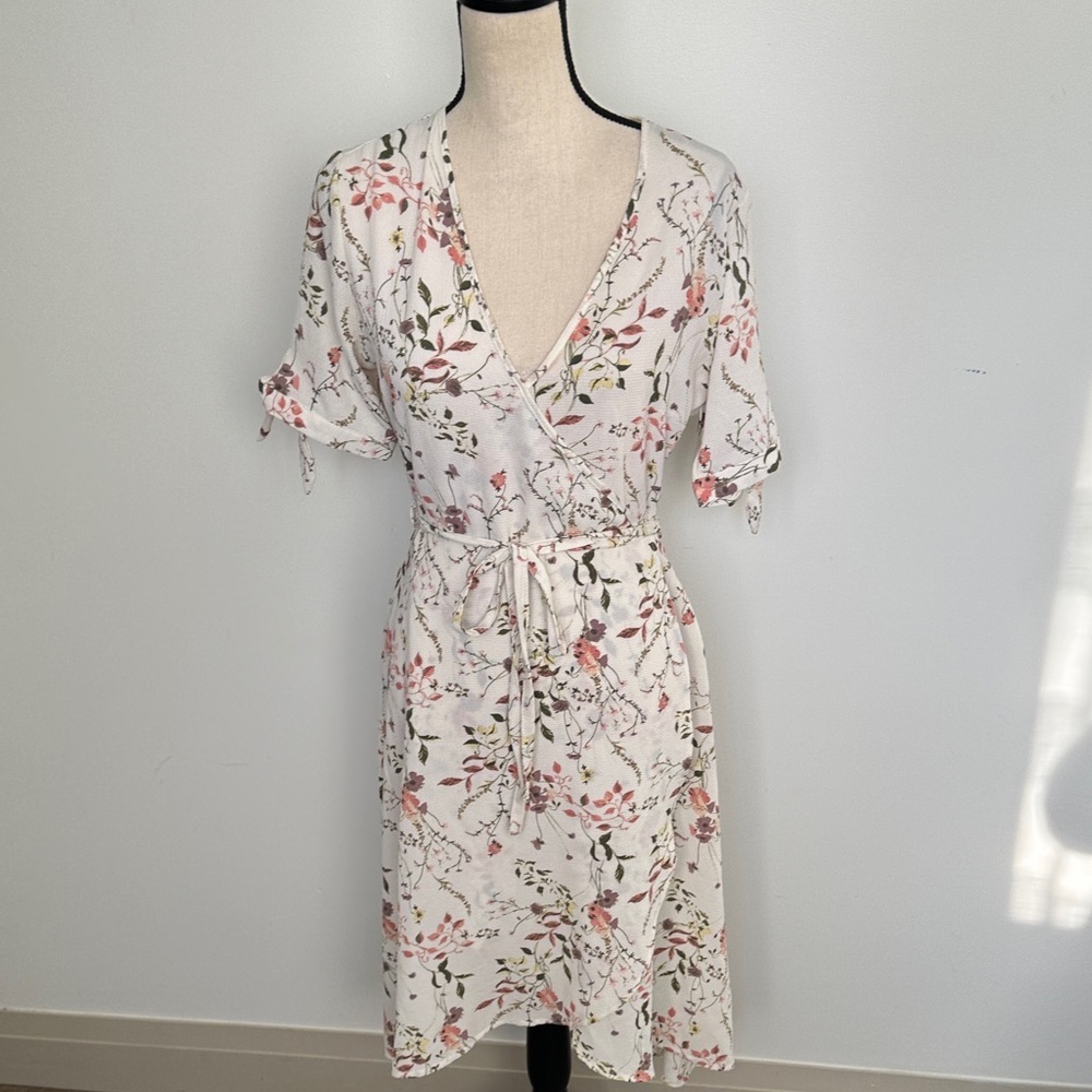 Streetwear Society Floral Midi Dress Wrap Cream and Pink Feminine Cottagecore